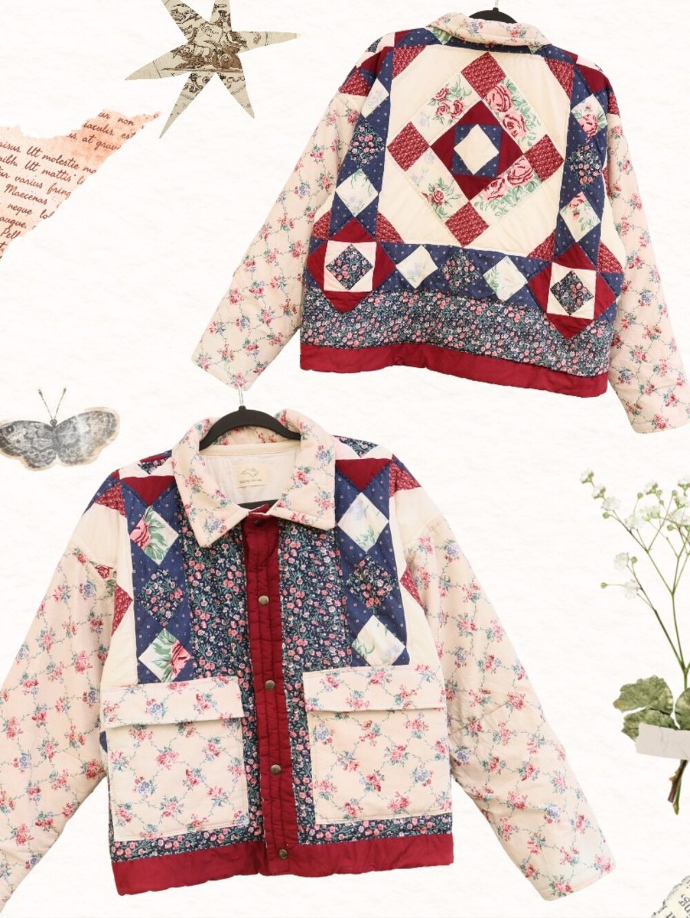 Upcycled Patchwork Quilt Coat Cream Burgundy Navy Floral L • XL